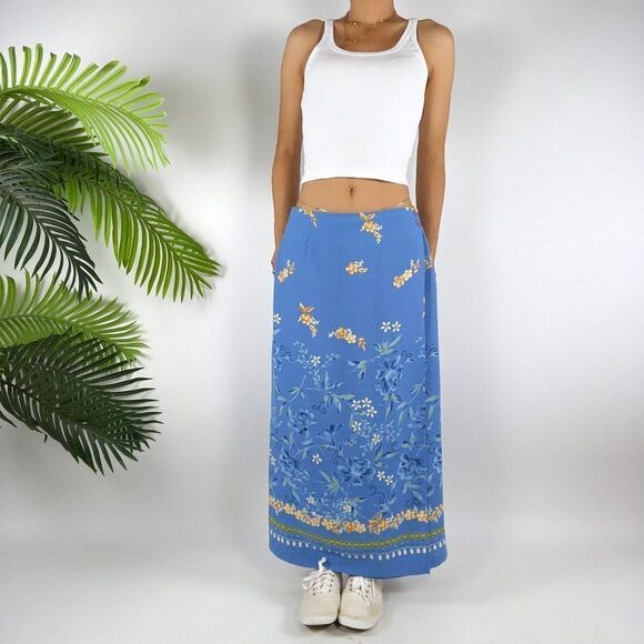 Vintage Blue Floral Cottagecore Prairie Low Rise Boho Maxi Wrap Skirt / 18W - Picture 1 of 5